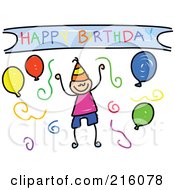 Poster, Art Print Of Childs Sketch Of A Birthday Boy With Balloons And Confetti