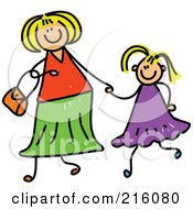 Poster, Art Print Of Childs Sketch Of A Mother Holding Hand With Her Blond Daughter