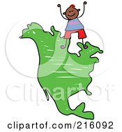 Poster, Art Print Of Childs Sketch Of Boy Standing On A Map Of North America