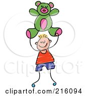 Poster, Art Print Of Childs Sketch Of A Boy Carrying A Green Teddy Bear