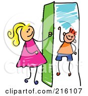 Poster, Art Print Of Childs Sketch Of A Girl Opening A Door To A Boy