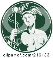 Royalty Free RF Clipart Illustration Of A Green Logo Of Hermes With A Caduceus Of Snakes