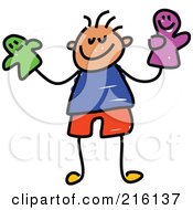 Childs Sketch Of A Boy Holding Puppets