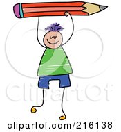 Poster, Art Print Of Childs Sketch Of A Boy Holding Up A Red Pencil