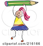 Poster, Art Print Of Childs Sketch Of A Girl Holding Up A Green Pencil