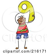 Childs Sketch Of A Boy Holding The Number 9