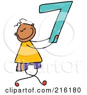 Childs Sketch Of A Boy Holding The Number 7