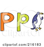 Royalty Free RF Clipart Illustration Of A Childs Sketch Of A Lowercase And Capital Letter P With A Penguin by Prawny