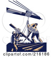 Poster, Art Print Of Team Of Construction Workers Using A Boom To Lift Lumber