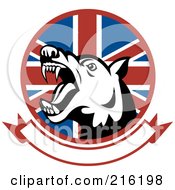 Royalty Free RF Clipart Illustration Of An Aggressive Dog Over A British Flag And Blank Banner by patrimonio