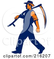 Poster, Art Print Of Retro Farmer Walking With A Scythe Over His Shoulder
