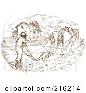 Sketch Of A Farmer And Horse Plowing A Field
