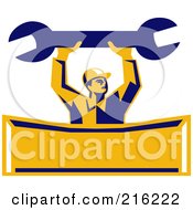 Royalty Free RF Clipart Illustration Of A Retro Mechanic Holding A Spanner Over A Banner
