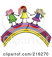 Poster, Art Print Of Childs Sketch Of Girls Holding Hands On A Rainbow