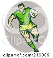 Poster, Art Print Of Running Retro Rugby Football Player On A Gray Oval