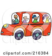 Poster, Art Print Of Childs Sketch Of Children On An Orange School Bus