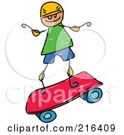 Childs Sketch Of A Boy Riding A Pink Skateboard