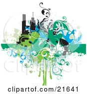 Clipart Illustration Of A Grunge Background Of Blue Green White And Black Vines Over Silhouetted Buildings On A White Background
