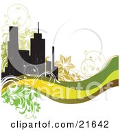 Website Background With Silhouetted City Buildings Flowers Vines And Green Waves Over White