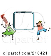Poster, Art Print Of Childs Sketch Of A Boy And Girl Holding A Blue Sign Frame