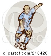 Poster, Art Print Of Retro Soccer Player Running Over A Gray Oval