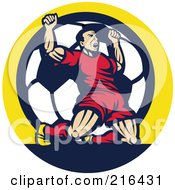 Poster, Art Print Of Retro Soccer Player Celebrating Victory In Front Of A Soccer Ball