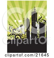 Poster, Art Print Of Retro-Revival Background With City Skyscrapers With Vines Over Black And Green