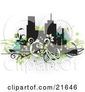 Poster, Art Print Of Flowering Green Black And White Vines In Front Of City Skyscrapers On A White Background