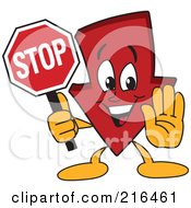 Red Down Arrow Character Mascot Holding A Stop Sign