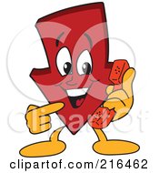 Poster, Art Print Of Red Down Arrow Character Mascot Using A Telephone