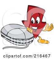 Red Down Arrow Character Mascot By A Computer Mouse