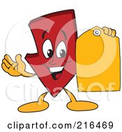 Red Down Arrow Character Mascot Holding A Yellow Tag