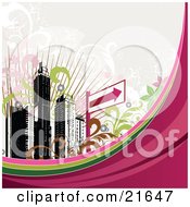 Clipart Illustration Of A City Skyline With An Arrow Sign Scrols And Waves by OnFocusMedia