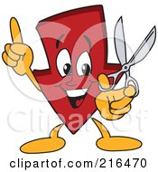 Red Down Arrow Character Mascot Holding Scissors