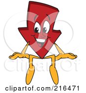 Poster, Art Print Of Red Down Arrow Character Mascot Sitting On A Blank Sign