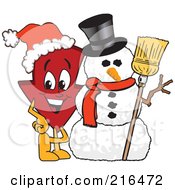 Red Down Arrow Character Mascot By A Snowman
