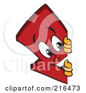 Poster, Art Print Of Red Down Arrow Character Mascot Looking Around A Blank Sign