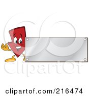 Red Down Arrow Character Logo Mascot With A Silver Plaque Sign by Mascot Junction