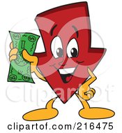 Red Down Arrow Character Mascot Holding Cash