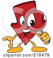 Red Down Arrow Character Mascot Using A Magnifying Glass