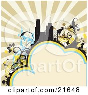 Retro Background With City Buildings Silhouetted Against A Sunburst Surrounded By Floral Vines With Room For Text At The Bottom