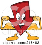 Royalty Free RF Clipart Illustration Of A Red Down Arrow Character Mascot Flexing by Mascot Junction