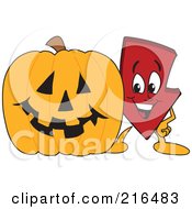 Red Down Arrow Character Mascot By A Halloween Pumpkin