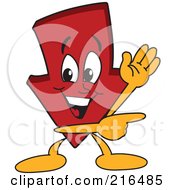 Red Down Arrow Character Mascot Waving And Pointing
