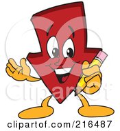 Red Down Arrow Character Mascot Holding A Pencil
