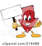 Red Down Arrow Character Mascot Holding A Small Blank Sign