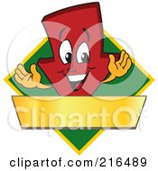 Royalty Free RF Clipart Illustration Of A Red Down Arrow Character Logo Mascot On A Green Diamond With A Gold Banner by Mascot Junction