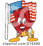 Poster, Art Print Of Red Down Arrow Character Mascot By An American Flag