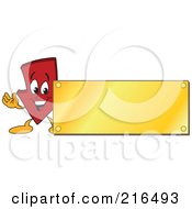 Red Down Arrow Character Logo Mascot With A Gold Plaque Sign