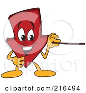 Red Down Arrow Character Mascot Using A Pointer Stick